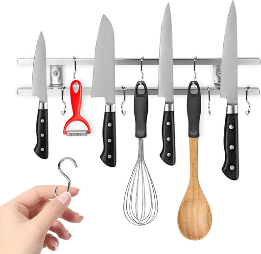 (16 Inch Stainless Steel Metal Magnetic Knife Holder, Wall Mount Double Bar with 8 Hooks - Multipurpose Knife Magnetic Strip, Utensil Hanger, and Kitchen Storage Rack Magnet