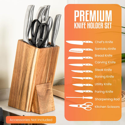 Acacia Wood Angled Knife Block with Multi-Purpose Holder – Universal Kitchen Knife Storage with Removable Bristle Insert (cinamon, regular medium)