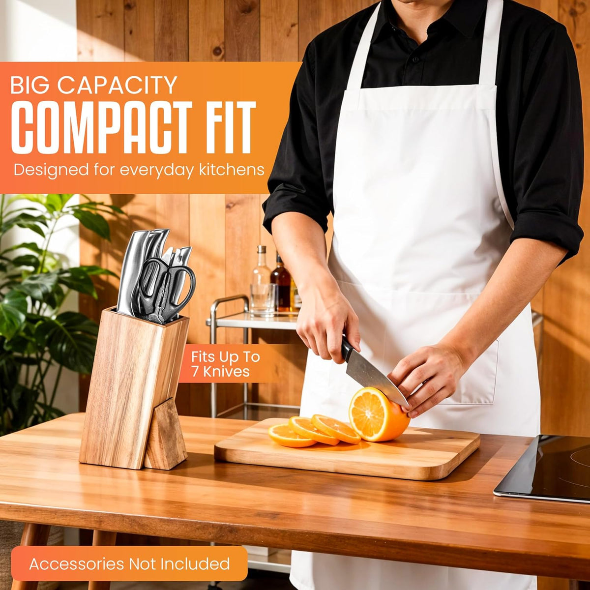 Acacia Wood Angled Knife Block with Multi-Purpose Holder – Universal Kitchen Knife Storage with Removable Bristle Insert (cinamon, regular medium)