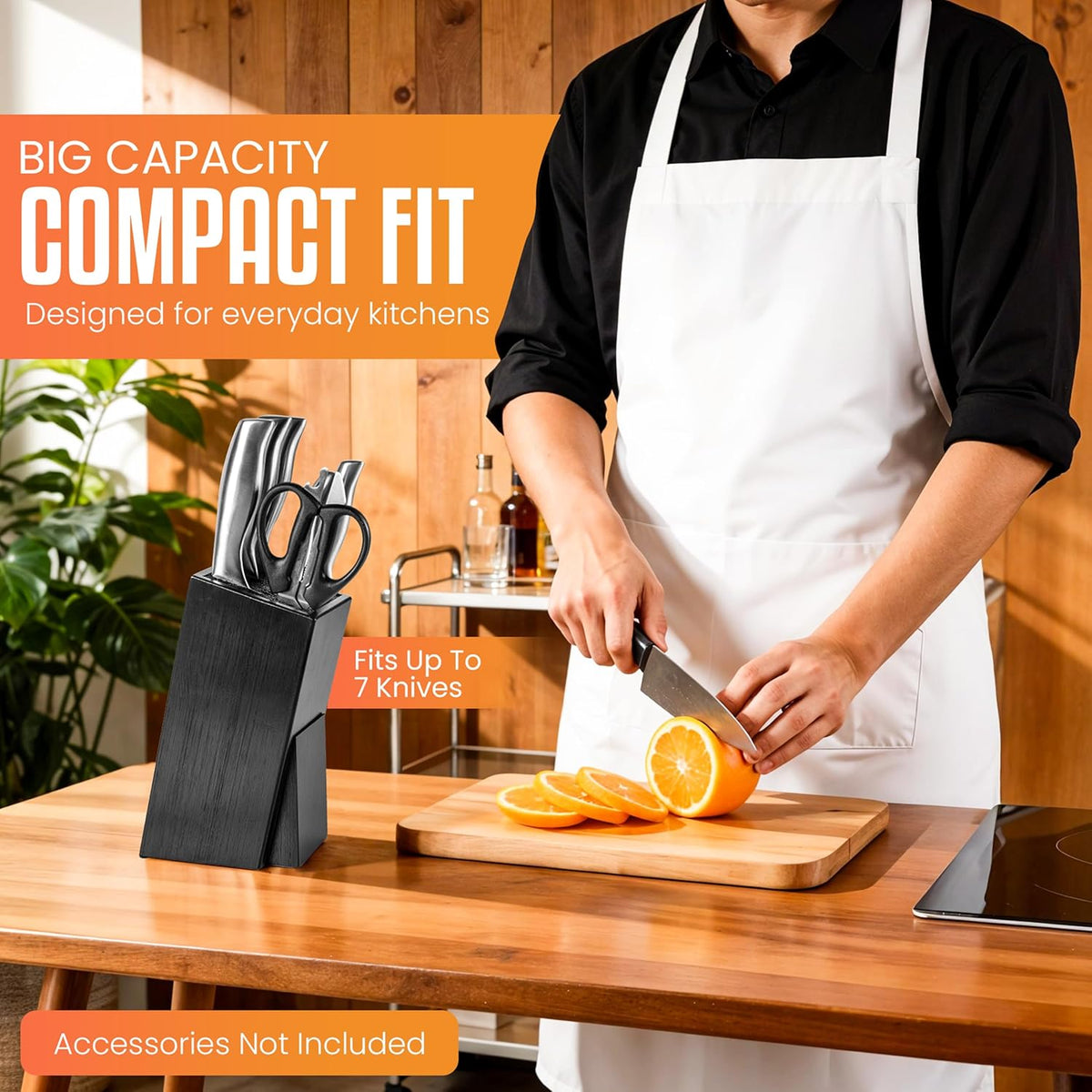 Acacia Wood Angled Knife Block with Multi-Purpose Holder – Universal Kitchen Knife Storage with Removable Bristle Insert (cinamon, regular medium)