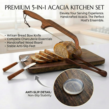 Bread Bow Knife and Cutting Board Set, 16" Serrated Stainless Steel Slicer for Homemade Sourdough & Artisan Bread, Ambidextrous Bread Slicing Kit with Crumb Tray, Bread Tong, Butter Knife, Jam Spoon