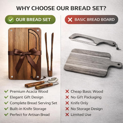 Bread Bow Knife and Cutting Board Set, 16" Serrated Stainless Steel Slicer for Homemade Sourdough & Artisan Bread, Ambidextrous Bread Slicing Kit with Crumb Tray, Bread Tong, Butter Knife, Jam Spoon