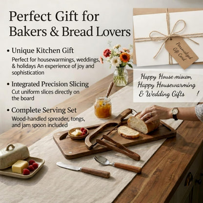 Bread Bow Knife and Cutting Board Set, 16" Serrated Stainless Steel Slicer for Homemade Sourdough & Artisan Bread, Ambidextrous Bread Slicing Kit with Crumb Tray, Bread Tong, Butter Knife, Jam Spoon