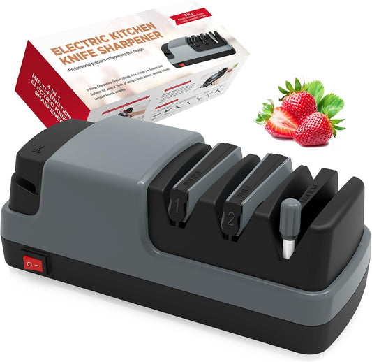 Electric Knife Sharpener- 4 in 1 Electric Knife Sharpeners, Grey | for Kitchen Knives, Straight Blade Knives & Serrated Knives & Ceramic Knives&Scissors