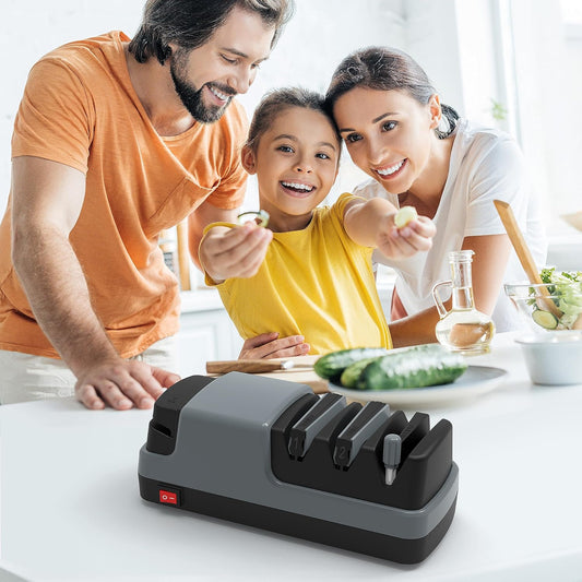 Electric Knife Sharpener- 4 in 1 Electric Knife Sharpeners, Grey | for Kitchen Knives, Straight Blade Knives & Serrated Knives & Ceramic Knives&Scissors