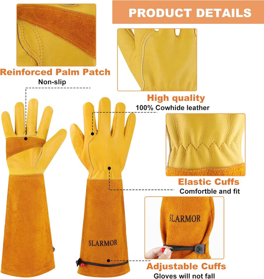 Gardening Gloves for Women Men, Long Thorn Proof Rose Pruning Glove | Womens Long Leather Garden Glove, Heavy Duty Gauntlet, Work Glove for Weeding, Yard Planting, Best Garden Gifts for Gardener