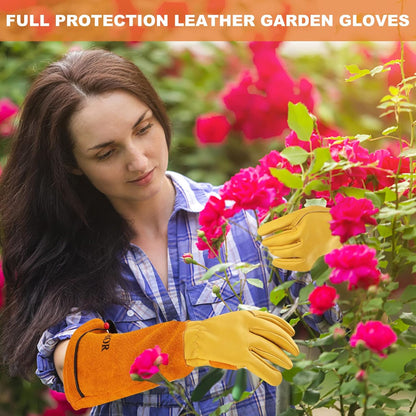 Gardening Gloves for Women Men, Long Thorn Proof Rose Pruning Glove | Womens Long Leather Garden Glove, Heavy Duty Gauntlet, Work Glove for Weeding, Yard Planting, Best Garden Gifts for Gardener