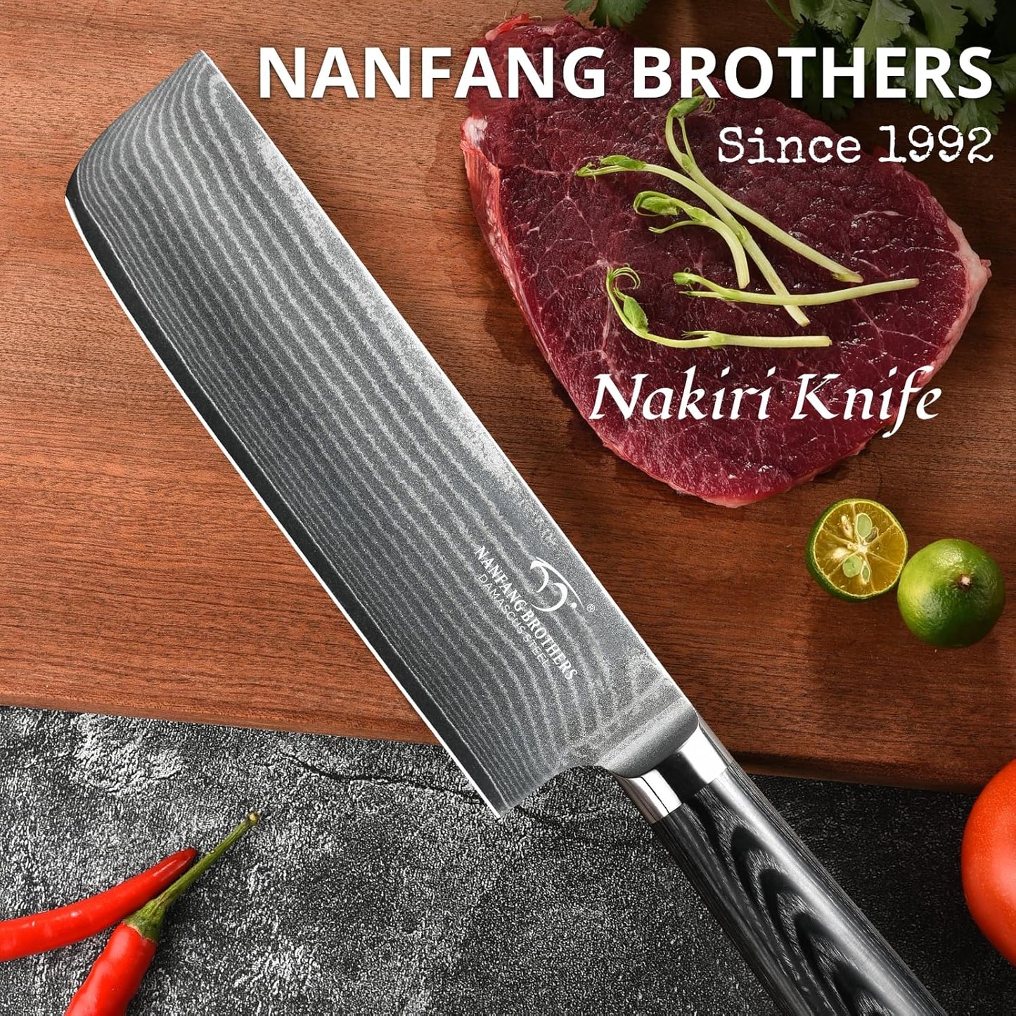 Damascus Nakiri Knife, 7 Inch Professional Kitchen Knife with Non-slip Wood Ergonomic Handle, Japanese 10Cr15CoMoV, All Purpose Chef Knife Meat Cleaver Vegetables Chopping