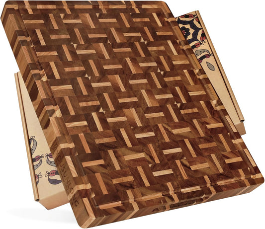 End Grain Cutting Board - 20"L x 16"W x 1.5"Th - Butcher Block Built-In Juice Grooves & Handle - Chopping Board Made of Acacia Wood Mixed With Oak - Barbecue Tray,Cooktop Board