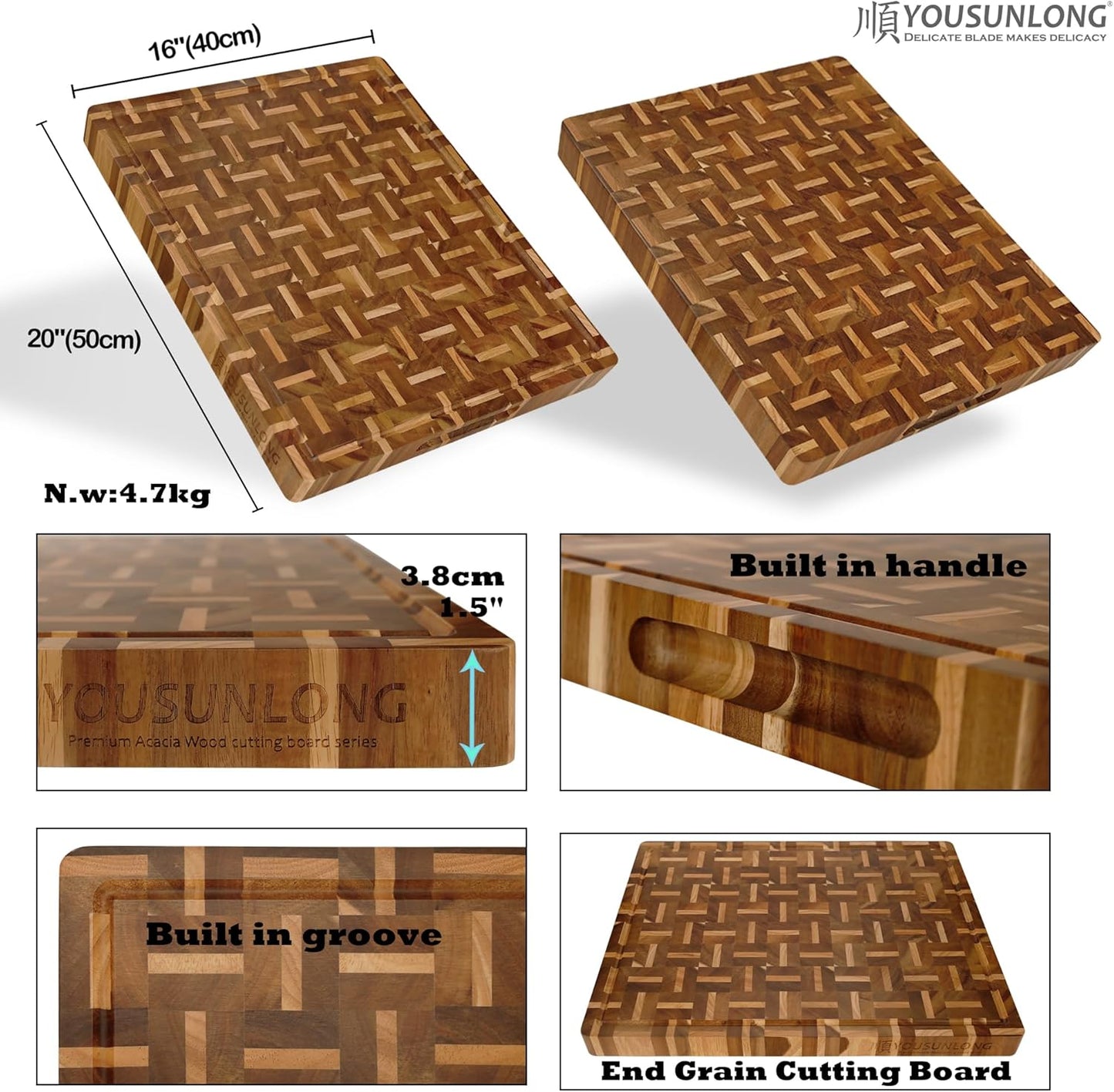 End Grain Cutting Board - 20"L x 16"W x 1.5"Th - Butcher Block Built-In Juice Grooves & Handle - Chopping Board Made of Acacia Wood Mixed With Oak - Barbecue Tray,Cooktop Board