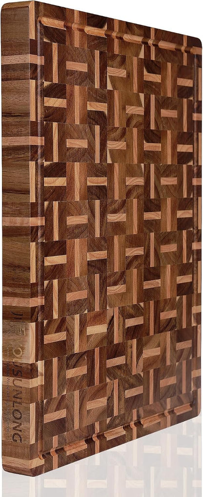 End Grain Cutting Board - 20"L x 16"W x 1.5"Th - Butcher Block Built-In Juice Grooves & Handle - Chopping Board Made of Acacia Wood Mixed With Oak - Barbecue Tray,Cooktop Board