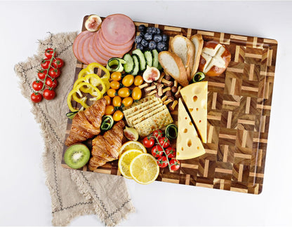 End Grain Cutting Board - 20"L x 16"W x 1.5"Th - Butcher Block Built-In Juice Grooves & Handle - Chopping Board Made of Acacia Wood Mixed With Oak - Barbecue Tray,Cooktop Board
