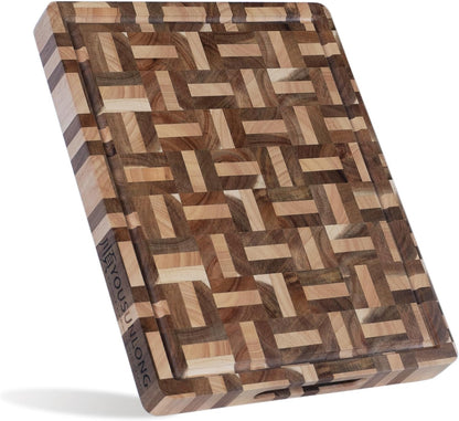 End Grain Cutting Board - 20"L x 16"W x 1.5"Th - Butcher Block Built-In Juice Grooves & Handle - Chopping Board Made of Acacia Wood Mixed With Oak - Barbecue Tray,Cooktop Board