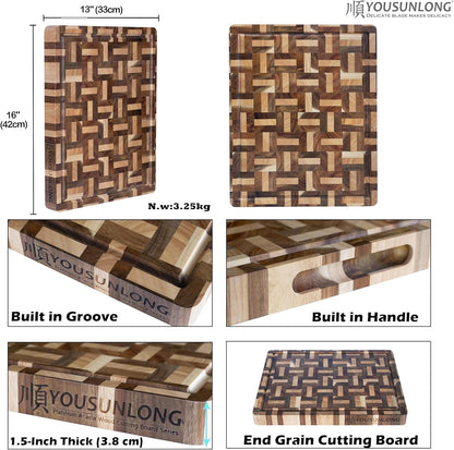 End Grain Cutting Board - 20"L x 16"W x 1.5"Th - Butcher Block Built-In Juice Grooves & Handle - Chopping Board Made of Acacia Wood Mixed With Oak - Barbecue Tray,Cooktop Board