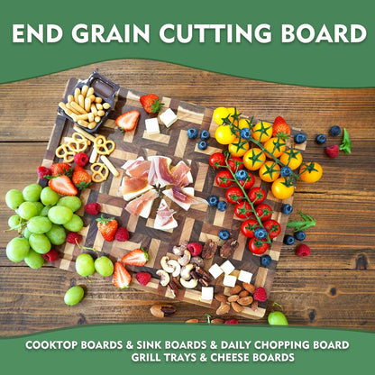 End Grain Cutting Board - 20"L x 16"W x 1.5"Th - Butcher Block Built-In Juice Grooves & Handle - Chopping Board Made of Acacia Wood Mixed With Oak - Barbecue Tray,Cooktop Board