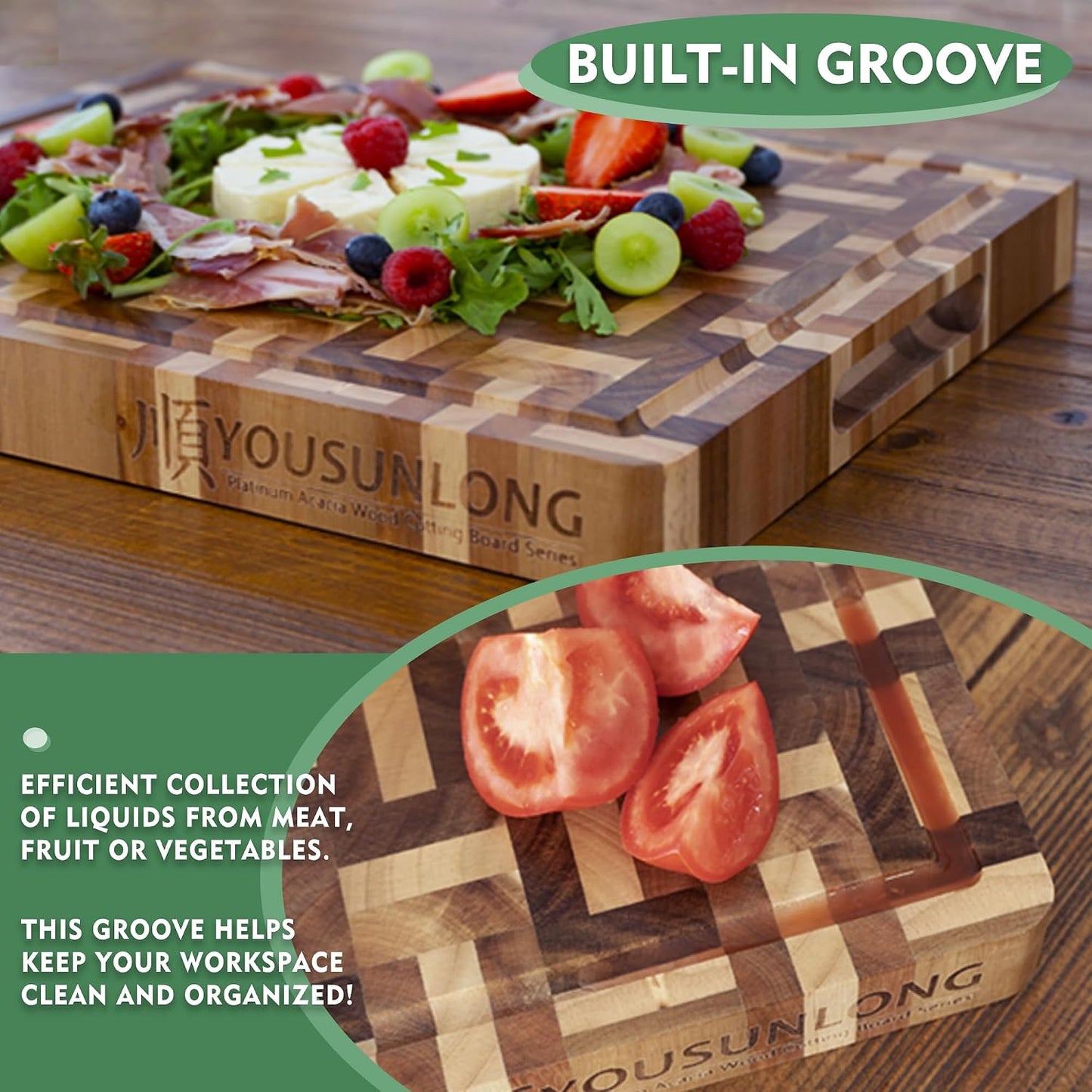 End Grain Cutting Board - 20"L x 16"W x 1.5"Th - Butcher Block Built-In Juice Grooves & Handle - Chopping Board Made of Acacia Wood Mixed With Oak - Barbecue Tray,Cooktop Board