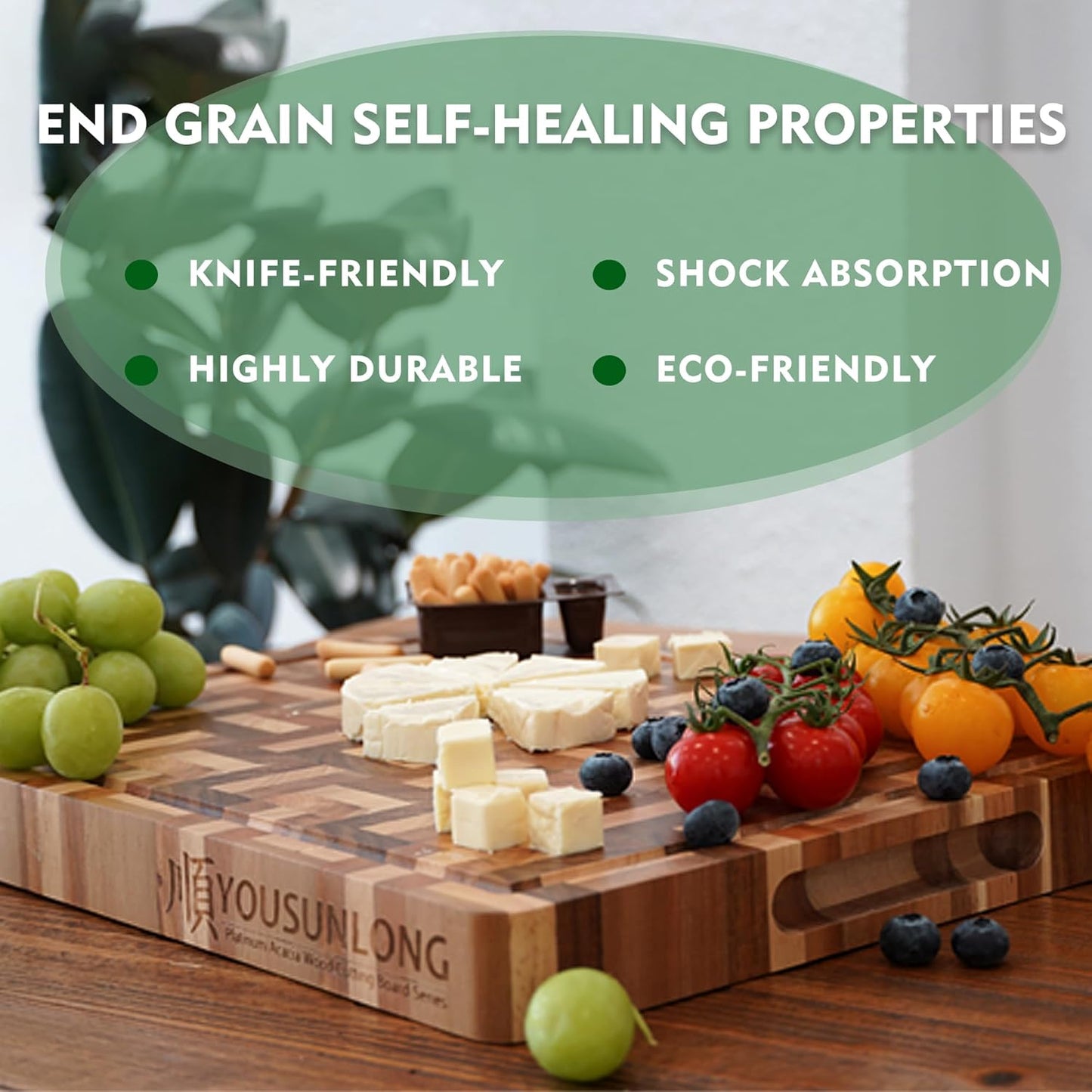 End Grain Cutting Board - 20"L x 16"W x 1.5"Th - Butcher Block Built-In Juice Grooves & Handle - Chopping Board Made of Acacia Wood Mixed With Oak - Barbecue Tray,Cooktop Board