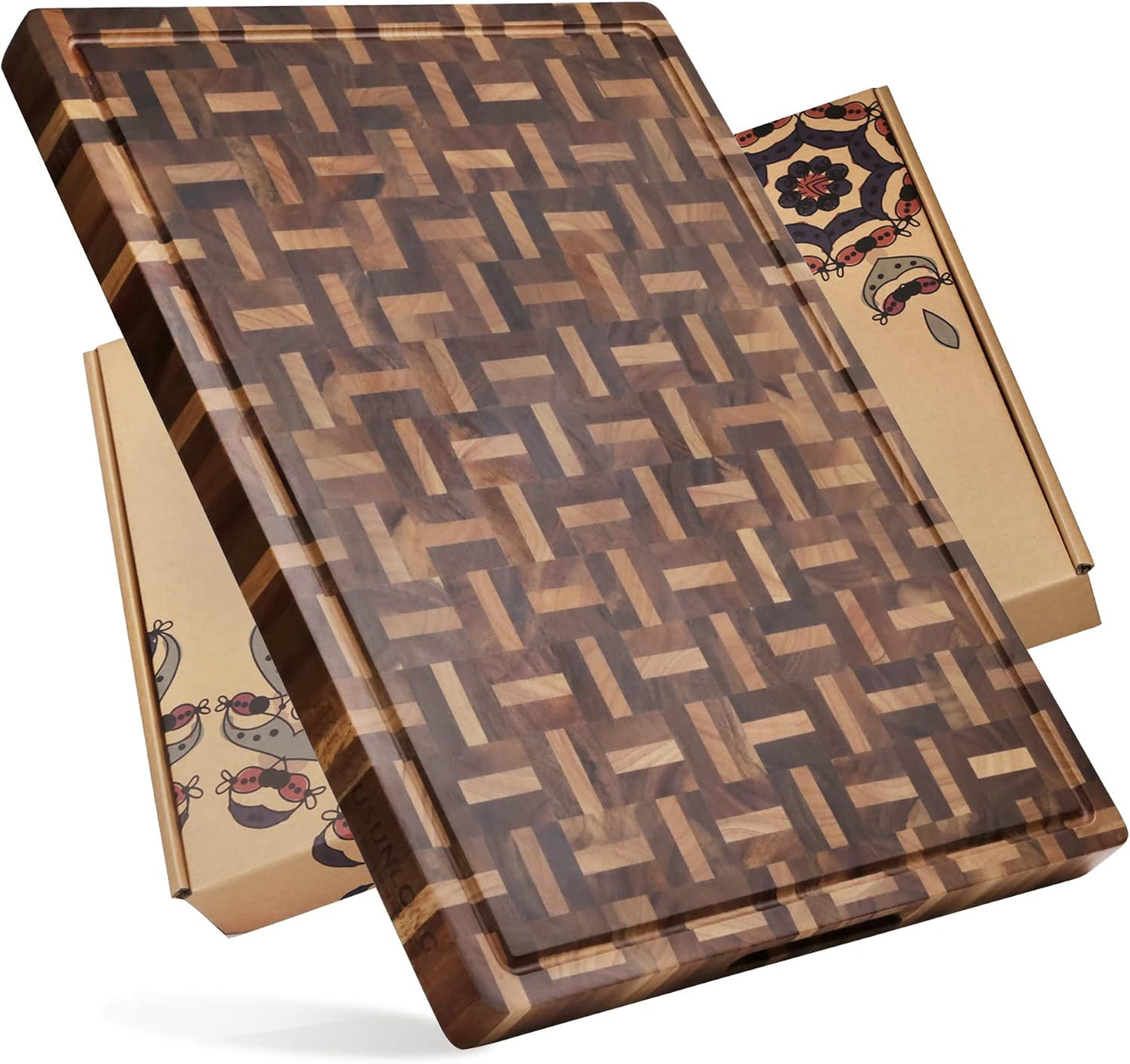End Grain Cutting Board - 20"L x 16"W x 1.5"Th - Butcher Block Built-In Juice Grooves & Handle - Chopping Board Made of Acacia Wood Mixed With Oak - Barbecue Tray,Cooktop Board