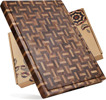 End Grain Cutting Board - 20"L x 16"W x 1.5"Th - Butcher Block Built-In Juice Grooves & Handle - Chopping Board Made of Acacia Wood Mixed With Oak - Barbecue Tray,Cooktop Board