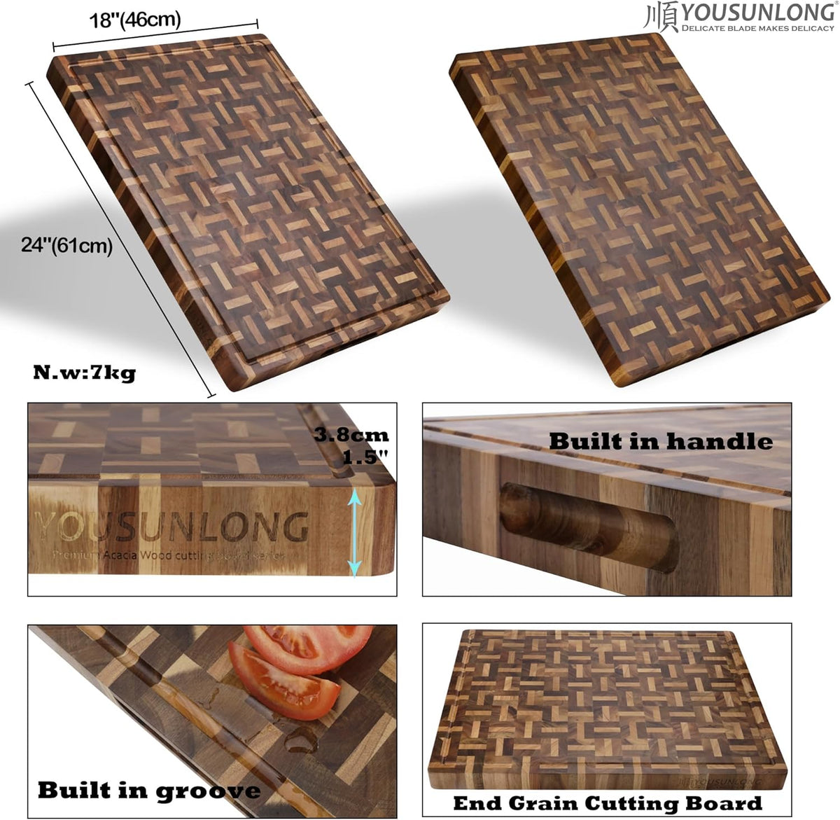 End Grain Cutting Board - 20"L x 16"W x 1.5"Th - Butcher Block Built-In Juice Grooves & Handle - Chopping Board Made of Acacia Wood Mixed With Oak - Barbecue Tray,Cooktop Board