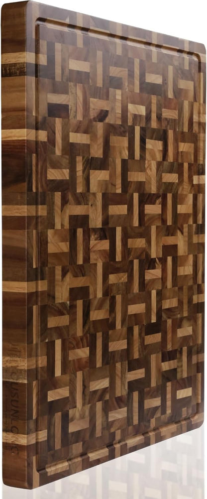 End Grain Cutting Board - 20"L x 16"W x 1.5"Th - Butcher Block Built-In Juice Grooves & Handle - Chopping Board Made of Acacia Wood Mixed With Oak - Barbecue Tray,Cooktop Board