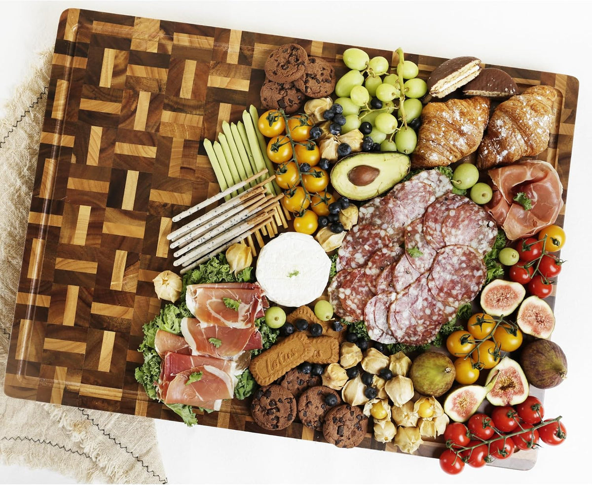 End Grain Cutting Board - 20"L x 16"W x 1.5"Th - Butcher Block Built-In Juice Grooves & Handle - Chopping Board Made of Acacia Wood Mixed With Oak - Barbecue Tray,Cooktop Board