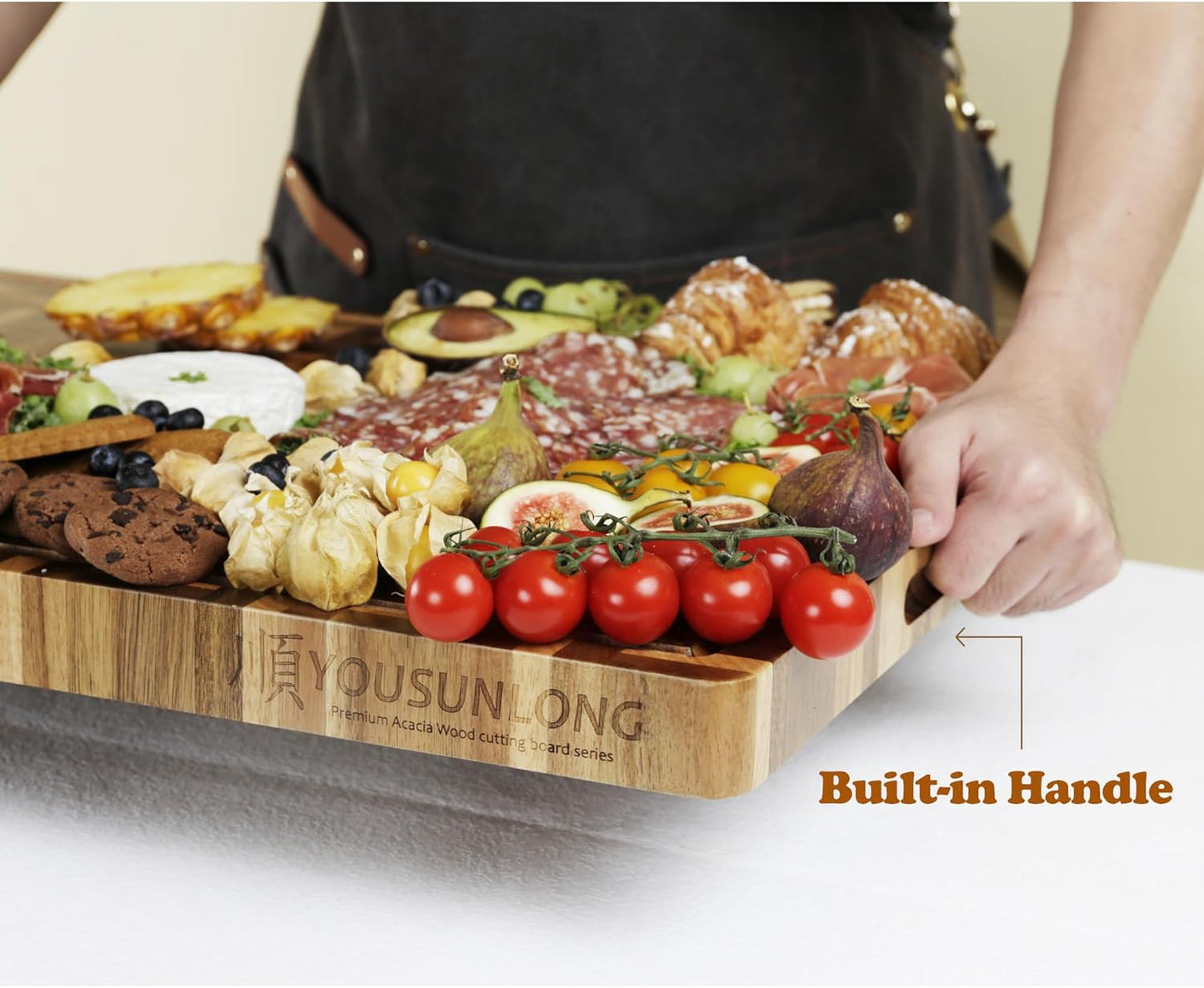 End Grain Cutting Board - 20"L x 16"W x 1.5"Th - Butcher Block Built-In Juice Grooves & Handle - Chopping Board Made of Acacia Wood Mixed With Oak - Barbecue Tray,Cooktop Board