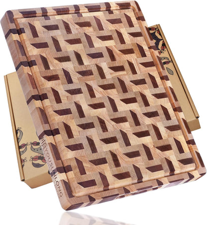 End Grain Cutting Board - 20"L x 16"W x 1.5"Th - Butcher Block Built-In Juice Grooves & Handle - Chopping Board Made of Acacia Wood Mixed With Oak - Barbecue Tray,Cooktop Board
