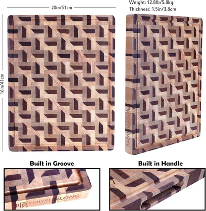 End Grain Cutting Board - 20"L x 16"W x 1.5"Th - Butcher Block Built-In Juice Grooves & Handle - Chopping Board Made of Acacia Wood Mixed With Oak - Barbecue Tray,Cooktop Board