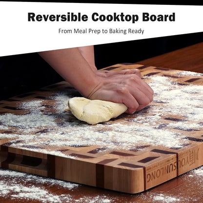 End Grain Cutting Board - 20"L x 16"W x 1.5"Th - Butcher Block Built-In Juice Grooves & Handle - Chopping Board Made of Acacia Wood Mixed With Oak - Barbecue Tray,Cooktop Board