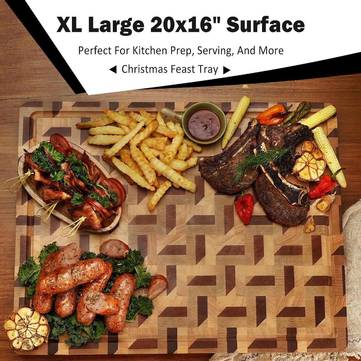 End Grain Cutting Board - 20"L x 16"W x 1.5"Th - Butcher Block Built-In Juice Grooves & Handle - Chopping Board Made of Acacia Wood Mixed With Oak - Barbecue Tray,Cooktop Board