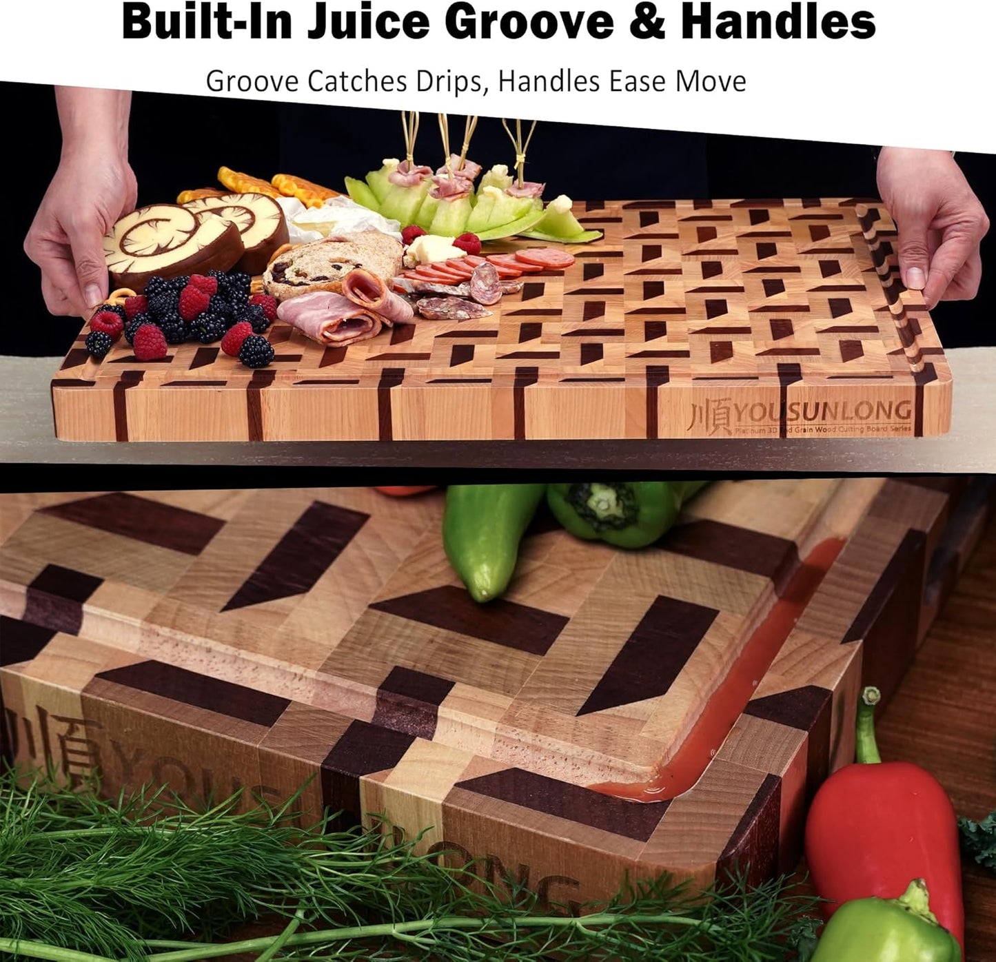 End Grain Cutting Board - 20"L x 16"W x 1.5"Th - Butcher Block Built-In Juice Grooves & Handle - Chopping Board Made of Acacia Wood Mixed With Oak - Barbecue Tray,Cooktop Board