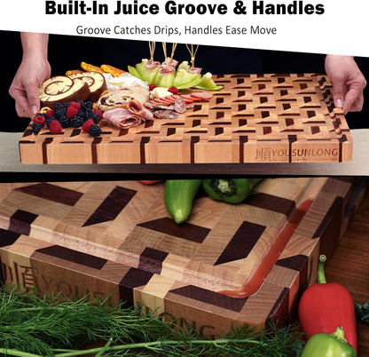 End Grain Cutting Board - 20"L x 16"W x 1.5"Th - Butcher Block Built-In Juice Grooves & Handle - Chopping Board Made of Acacia Wood Mixed With Oak - Barbecue Tray,Cooktop Board