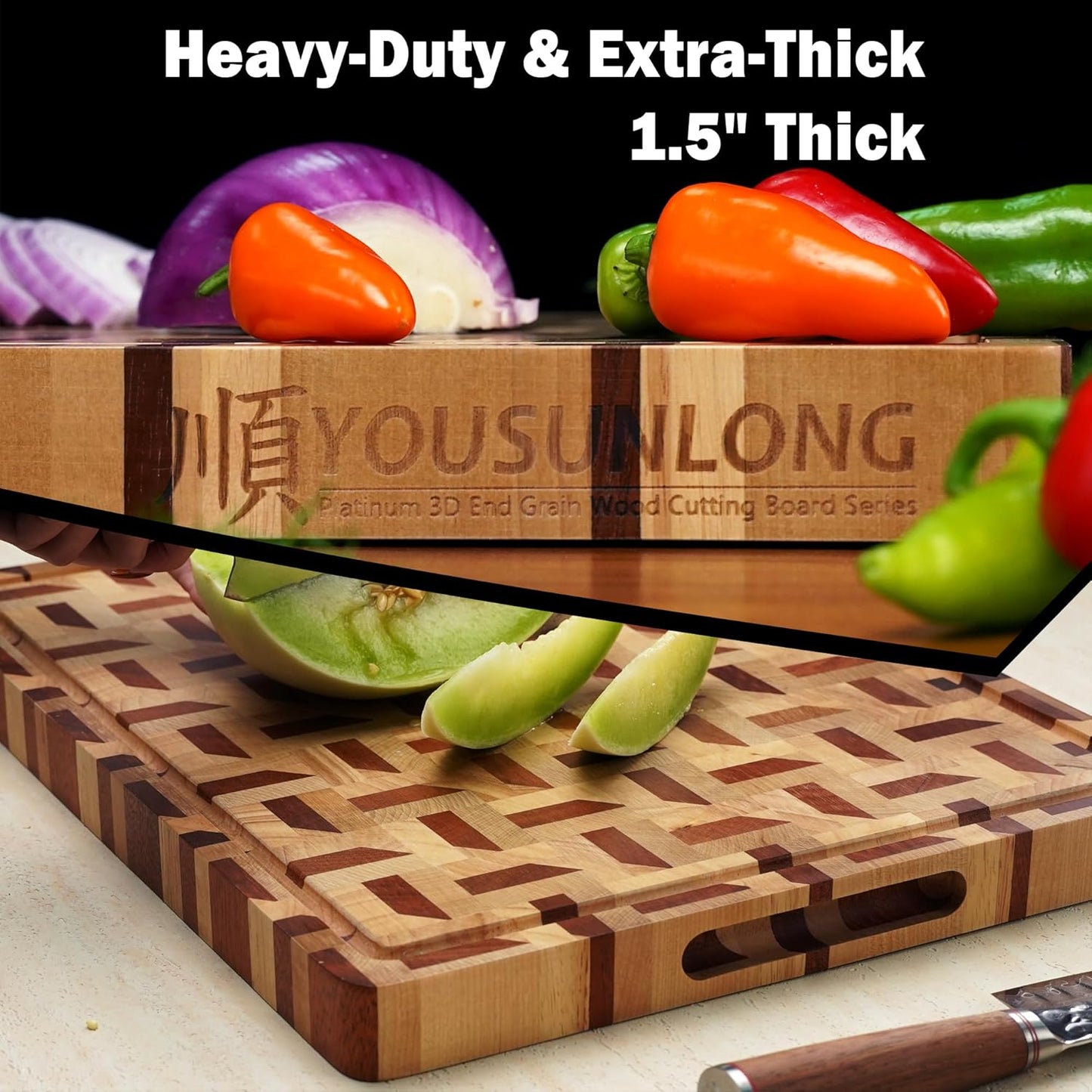 End Grain Cutting Board - 20"L x 16"W x 1.5"Th - Butcher Block Built-In Juice Grooves & Handle - Chopping Board Made of Acacia Wood Mixed With Oak - Barbecue Tray,Cooktop Board
