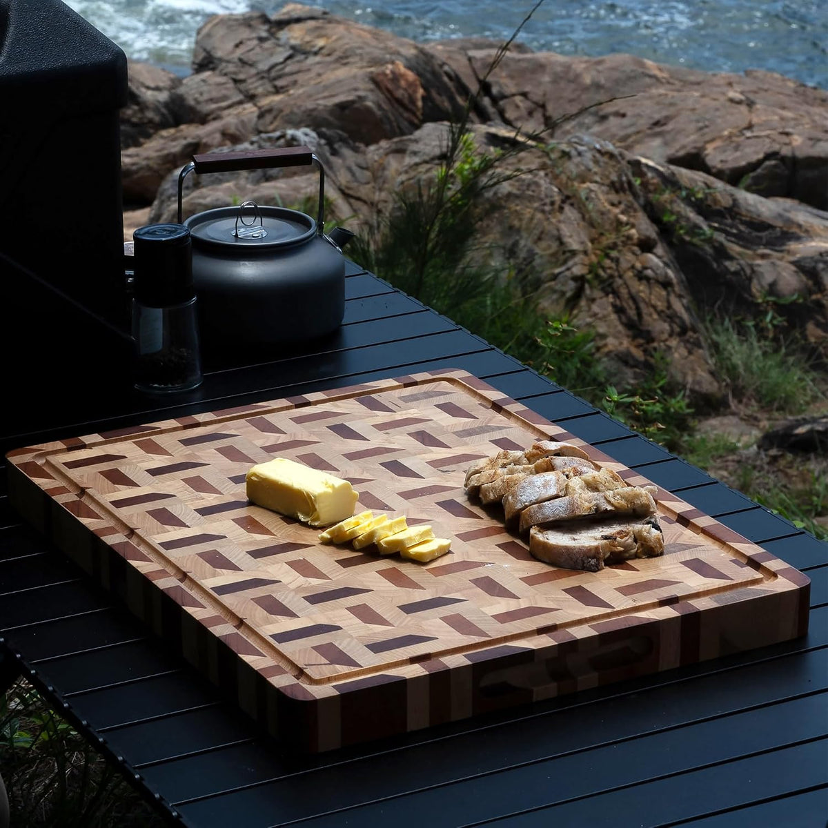 End Grain Cutting Board - 20"L x 16"W x 1.5"Th - Butcher Block Built-In Juice Grooves & Handle - Chopping Board Made of Acacia Wood Mixed With Oak - Barbecue Tray,Cooktop Board