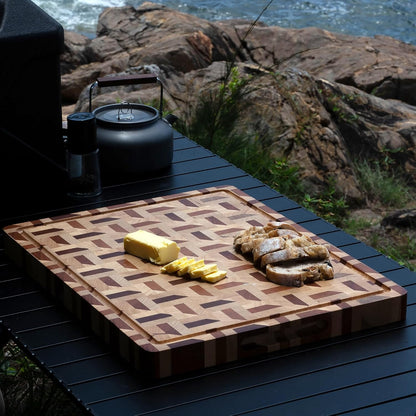 End Grain Cutting Board - 20"L x 16"W x 1.5"Th - Butcher Block Built-In Juice Grooves & Handle - Chopping Board Made of Acacia Wood Mixed With Oak - Barbecue Tray,Cooktop Board