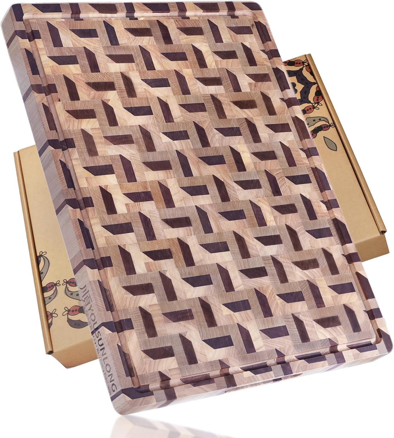End Grain Cutting Board - 20"L x 16"W x 1.5"Th - Butcher Block Built-In Juice Grooves & Handle - Chopping Board Made of Acacia Wood Mixed With Oak - Barbecue Tray,Cooktop Board