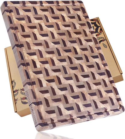 End Grain Cutting Board - 20"L x 16"W x 1.5"Th - Butcher Block Built-In Juice Grooves & Handle - Chopping Board Made of Acacia Wood Mixed With Oak - Barbecue Tray,Cooktop Board
