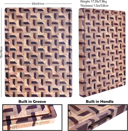 End Grain Cutting Board - 20"L x 16"W x 1.5"Th - Butcher Block Built-In Juice Grooves & Handle - Chopping Board Made of Acacia Wood Mixed With Oak - Barbecue Tray,Cooktop Board