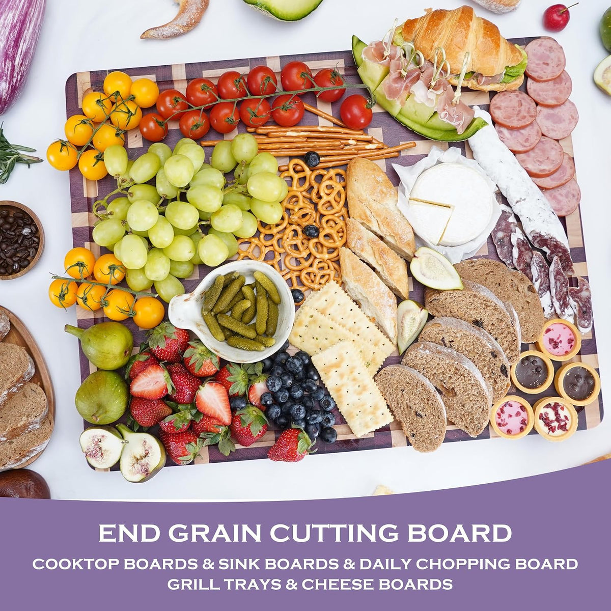 End Grain Cutting Board - 20"L x 16"W x 1.5"Th - Butcher Block Built-In Juice Grooves & Handle - Chopping Board Made of Acacia Wood Mixed With Oak - Barbecue Tray,Cooktop Board