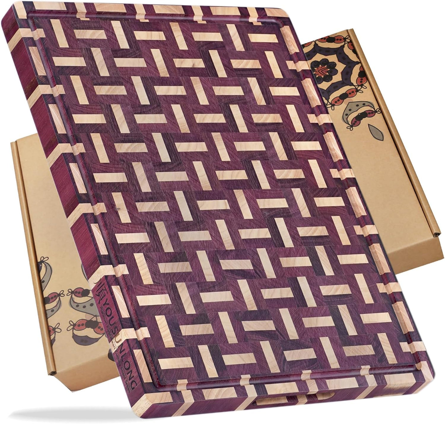 End Grain Cutting Board - 20"L x 16"W x 1.5"Th - Butcher Block Built-In Juice Grooves & Handle - Chopping Board Made of Acacia Wood Mixed With Oak - Barbecue Tray,Cooktop Board