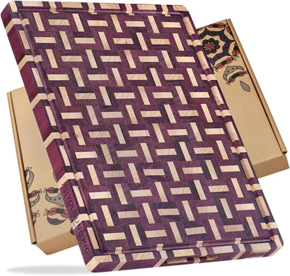 End Grain Cutting Board - 20"L x 16"W x 1.5"Th - Butcher Block Built-In Juice Grooves & Handle - Chopping Board Made of Acacia Wood Mixed With Oak - Barbecue Tray,Cooktop Board