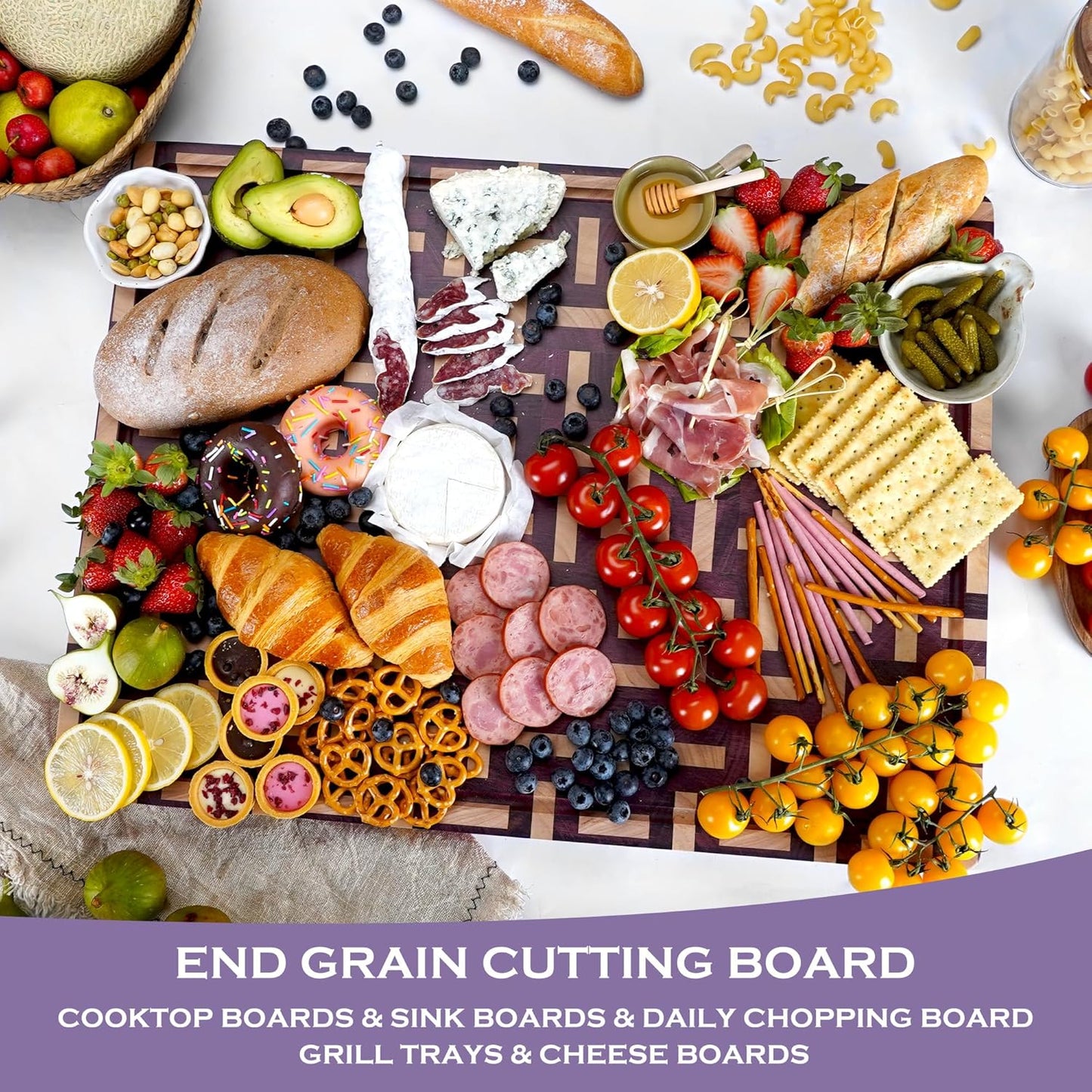 End Grain Cutting Board - 20"L x 16"W x 1.5"Th - Butcher Block Built-In Juice Grooves & Handle - Chopping Board Made of Acacia Wood Mixed With Oak - Barbecue Tray,Cooktop Board