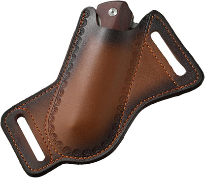5" Leather Knife Sheath for Belt - Folding Knife Belt Holster Brown Genuine Leather Pocket Knife Holder for 3-5" Knives