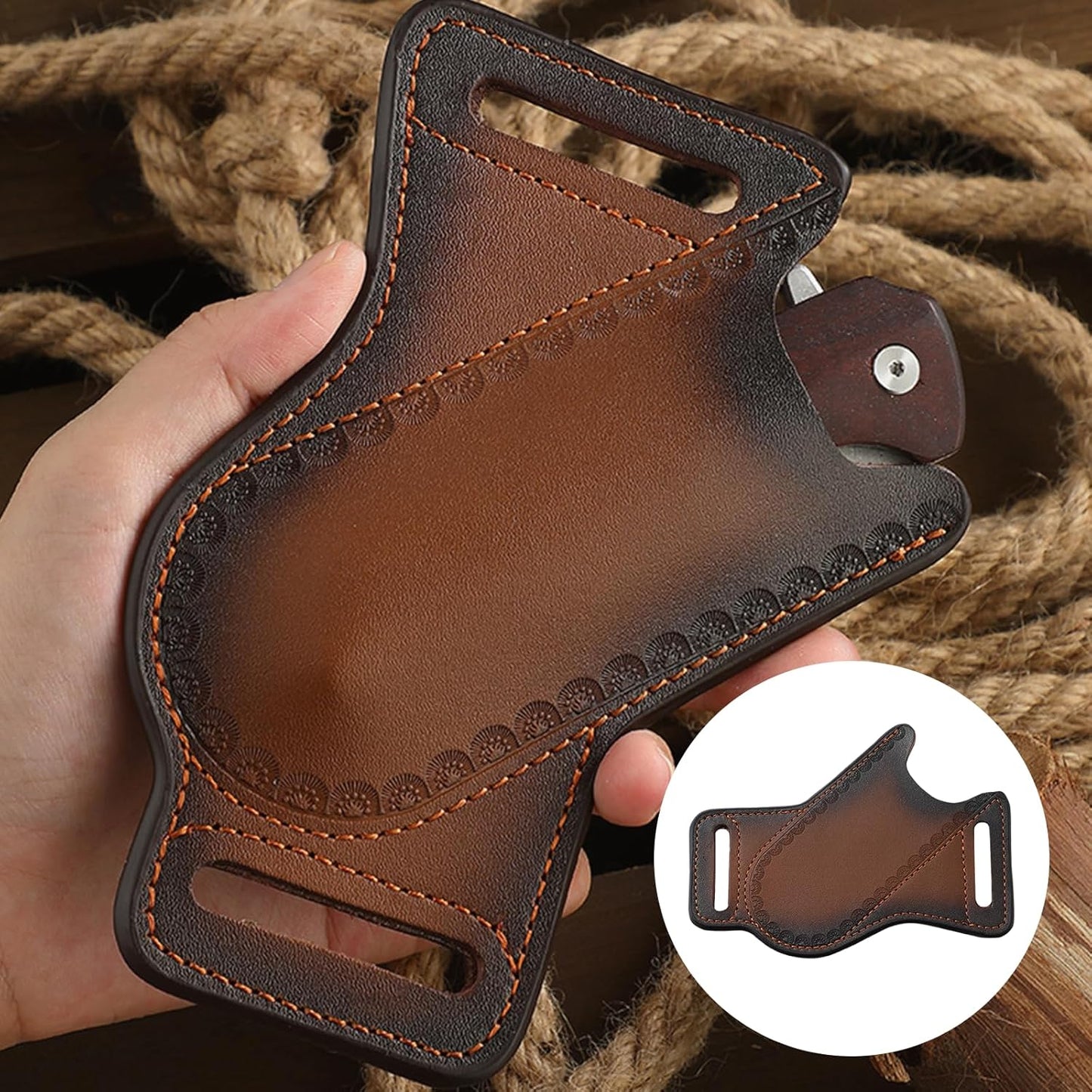 5" Leather Knife Sheath for Belt - Folding Knife Belt Holster Brown Genuine Leather Pocket Knife Holder for 3-5" Knives