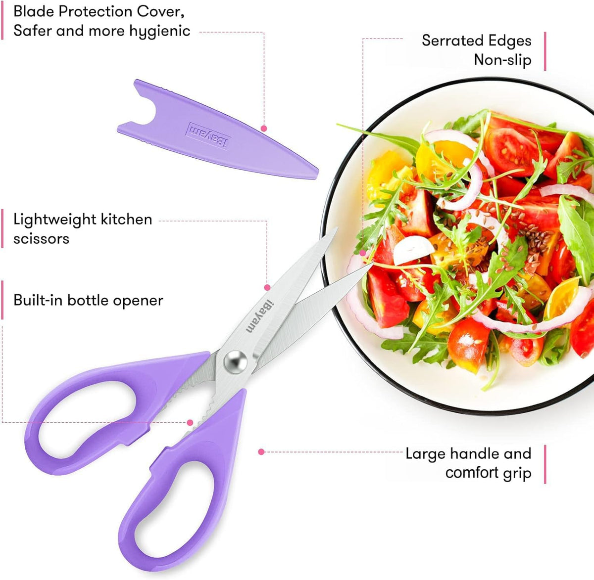 iBayam Kitchen Scissors Shears All Purpose Heavy Duty, Protective Sheath