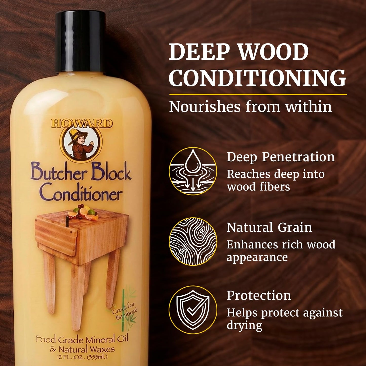 Butcher Block Conditioner and Food Grade Mineral Oil for Wood Cutting Boards, 12 Fl Oz - Enhanced Wood Care