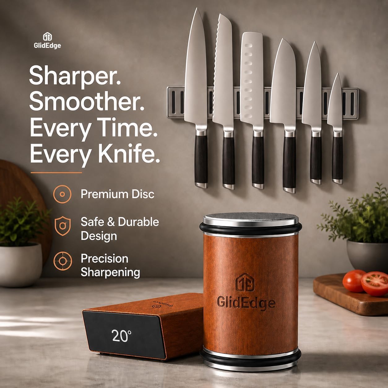Rolling Knife Sharpener Kit – Knife Sharpener with Diamond, Ceramic & Stainless Steel Discs – 15° & 20° Strong Magnetic Angle Base – Knife Sharpener Tool for Kitchen, Chef & Utility Knives