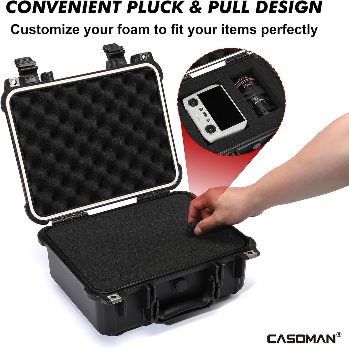 CASOMAN Water-proof and Dust-proof Protective Sturdy Plastic Storage Case with Cush-Proof Sponge and Customizable Foam, IP67 Water Proof Grade, 13.4" X 11.6" X 6"