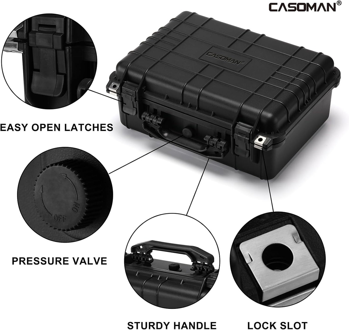 CASOMAN Water-proof and Dust-proof Protective Sturdy Plastic Storage Case with Cush-Proof Sponge and Customizable Foam, IP67 Water Proof Grade, 13.4" X 11.6" X 6"
